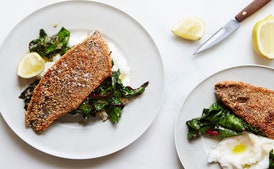 Almond-Crusted Trout with White Grits and Swiss Chard