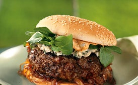 Andouille and Beef Burgers with Spicy Mayo and Caramelized Onions