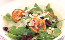 Arugula Salad with Olives, Pancetta, and Parmesan Shavings