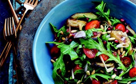 Arugula Salad with Roasted Eggplant and Sweet Pomegranate Dressing