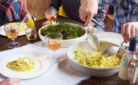 Wonky Summer Pasta, Herby Salad, Pear Drop Tartlets