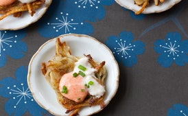 Yukon Gold Potato and Jerusalem Artichoke Latkes with Apple-Horseradish Mayonnaise and Taramasalata